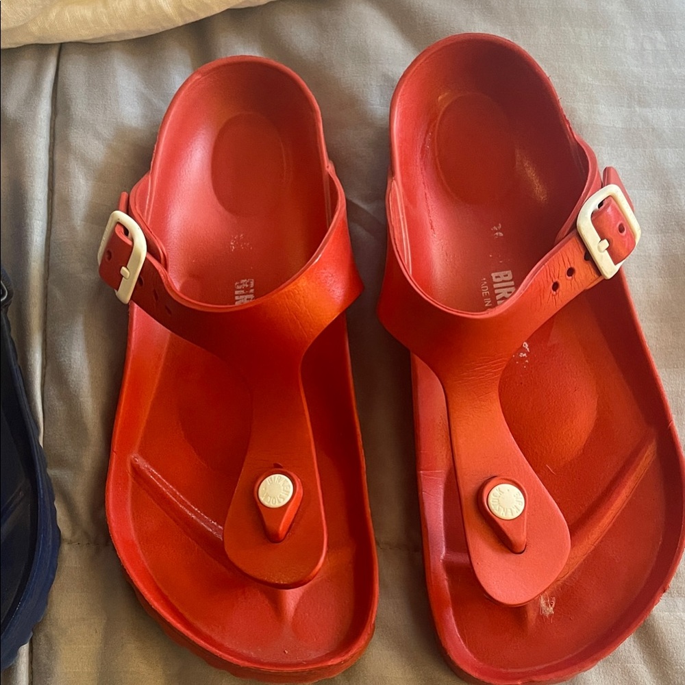 Birkenstock Women’s Arizona Red Sandals with White Accents